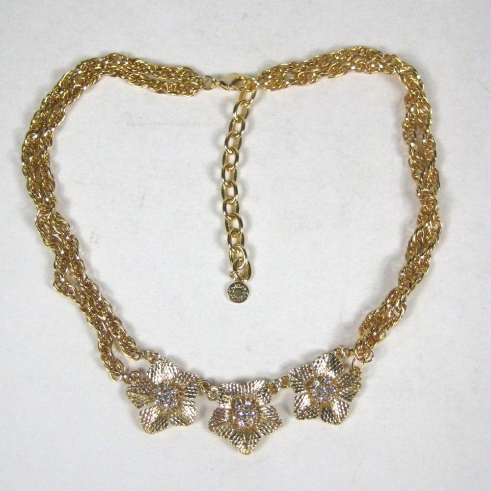 Vintage Stauer Necklace Flower Flora Crystal Goldtone Jewelry18 inch Chain ADJ